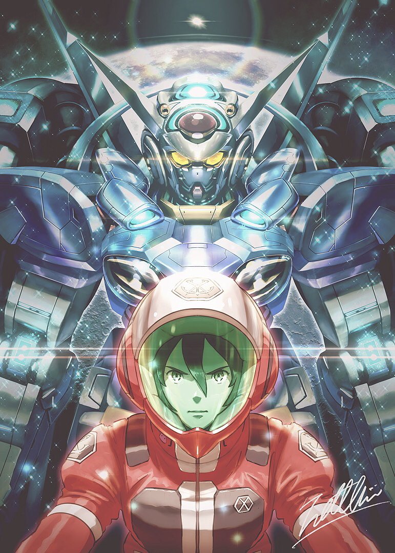 1boy bellri_zenam g-self glowing glowing_eyes gundam gundam_g_no_reconguista hair_between_eyes helmet lens_flare looking_at_viewer mecha mobile_suit pilot_suit planet science_fiction shiny totthii0081 v-shaped_eyebrows yellow_eyes