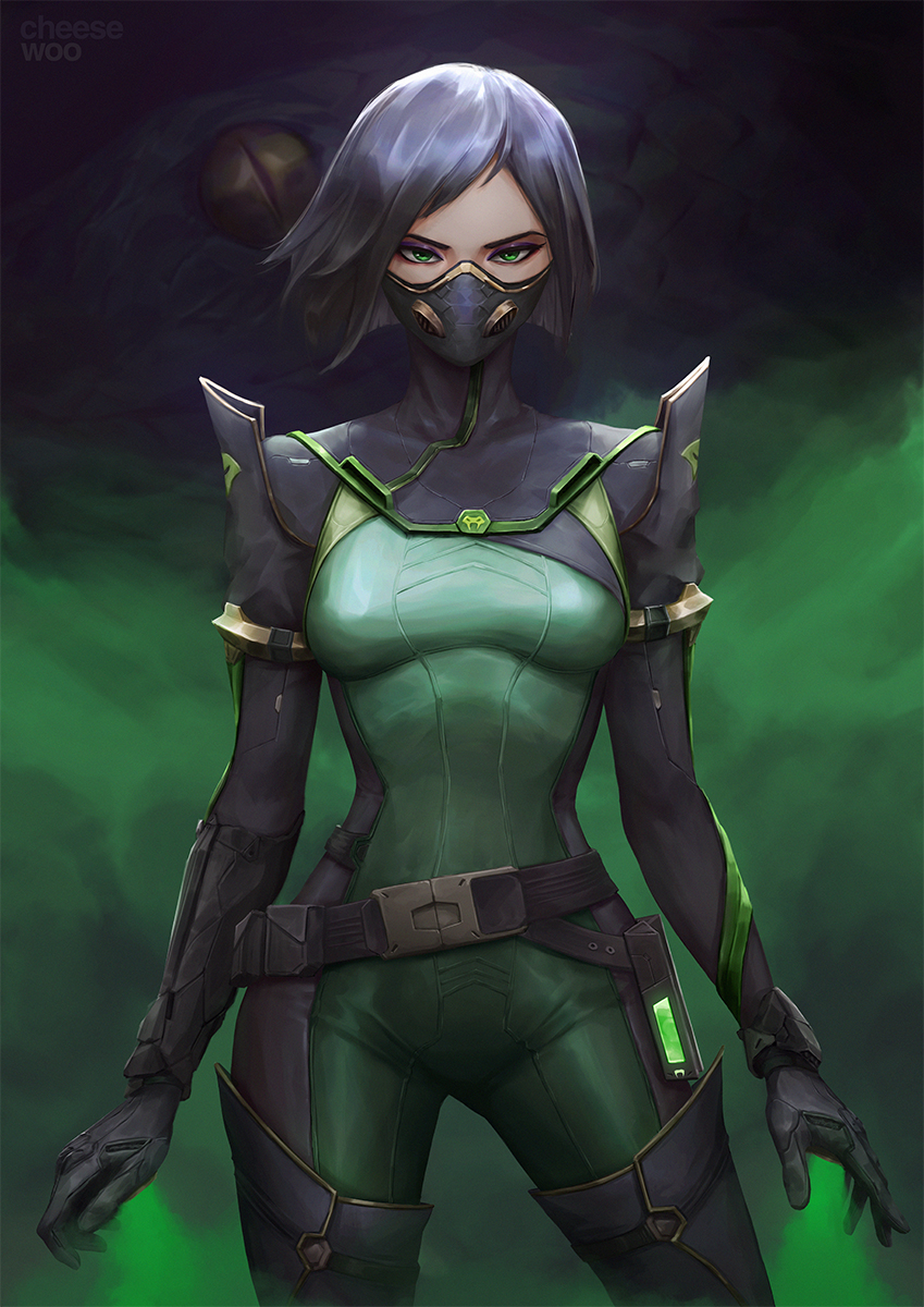 1girl armor bangs belt belt_pouch black_bodysuit black_gloves black_hair bodysuit boots breasts cowboy_shot floating_hair gas_mask gloves green_bodysuit green_eyes green_smoke highres isaac_liew looking_at_viewer mask medium_breasts mouth_mask pauldrons poison pouch short_hair shoulder_armor smoke solo swept_bangs thigh-highs thigh_boots valorant viper_(valorant)