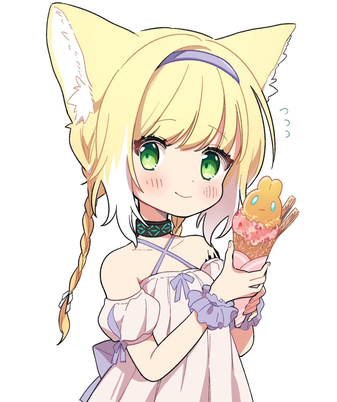 1919_decoy 1girl animal_ears arknights black_collar blonde_hair blush braid collar collarbone commentary criss-cross_halter dress flying_sweatdrops food fox_ears green_eyes hairband halterneck highres holding holding_food ice_cream ice_cream_cone infection_monitor_(arknights) looking_at_viewer multicolored_hair off-shoulder_dress off_shoulder oripathy_lesion_(arknights) pink_dress purple_hairband purple_wristband short_hair_with_long_locks simple_background single_braid smile solo streaked_hair suzuran_(arknights) symbol_commentary white_background white_hair