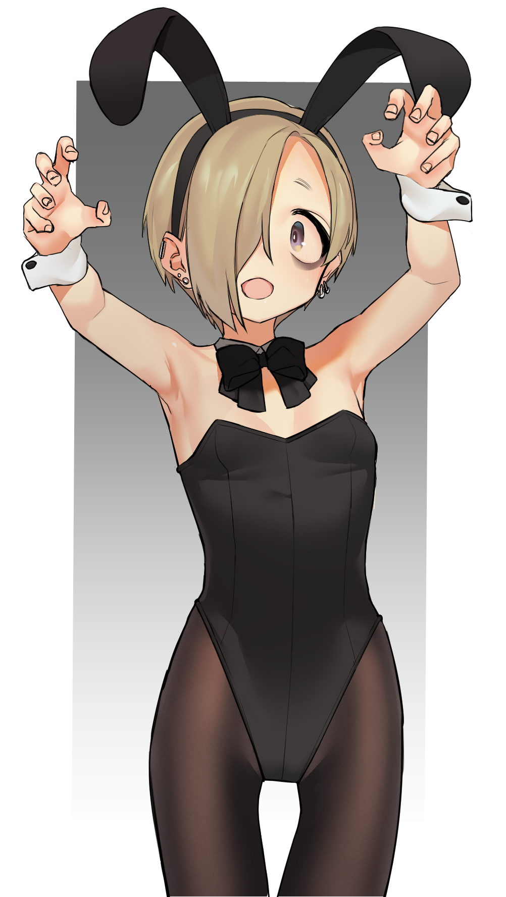 1girl :o alternate_costume animal_ears armpits arms_up bags_under_eyes bare_shoulders black_leotard blonde_hair bow bowtie breasts brown_legwear claw_pose cowboy_shot detached_collar ear_piercing fake_animal_ears gradient gradient_background hair_over_one_eye hairband highres idolmaster idolmaster_cinderella_girls leotard looking_at_viewer miyamae_(miyazen9311) pantyhose piercing playboy_bunny rabbit_ears shirasaka_koume short_hair simple_background small_breasts solo standing strapless strapless_leotard tareme violet_eyes wrist_cuffs