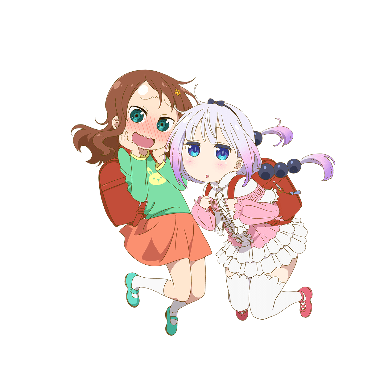 2girls :o backpack bag beads blue_eyes blush brown_hair capelet child flower forehead frilled_skirt frills gradient_hair green_footwear green_shirt hair_beads hair_flower hair_ornament hand_on_own_cheek hand_on_own_face hands_up highres holding_strap kanna_kamui key_visual kobayashi-san_chi_no_maidragon long_hair long_sleeves looking_at_viewer mary_janes multicolored_hair multiple_girls no_nose official_art open_mouth orange_skirt pink_hair print_shirt promotional_art puffy_sleeves purple_hair randoseru red_footwear saikawa_riko shirt shoes skirt slit_pupils socks thigh-highs transparent_background wavy_mouth white_footwear white_legwear