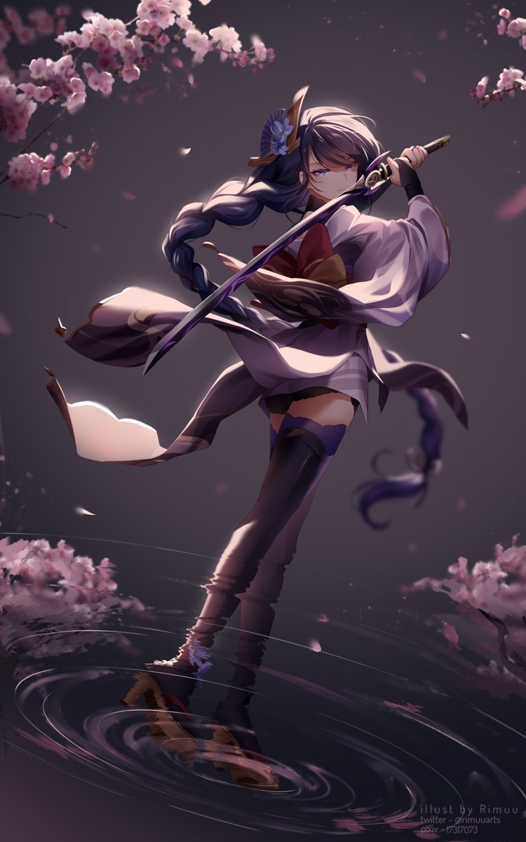 1girl artist_name bangs boots cherry_blossoms floating_hair from_behind full_body genshin_impact hair_ornament hands_together hands_up highres holding holding_sword holding_weapon japanese_clothes long_braid long_hair looking_at_viewer looking_back petals pixiv_id purple_hair raiden_(genshin_impact) rimuu sash solo sword thigh-highs thigh_boots twitter_username very_long_hair violet_eyes walking walking_on_liquid water weapon