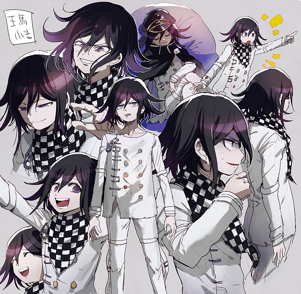 1boy :d aoki_(fumomo) arm_at_side arm_up bangs black_cape black_hair black_headwear buttons cape checkered checkered_background checkered_neckwear checkered_scarf commentary_request dangan_ronpa_(series) dangan_ronpa_v3:_killing_harmony double-breasted evil_grin evil_smile feet_out_of_frame grey_background grin hair_between_eyes holding holding_sack jacket long_sleeves looking_at_viewer male_focus multiple_views notice_lines open_mouth ouma_kokichi pale_skin pants pointing purple_hair sack scarf shaded_face short_hair simple_background smile straitjacket translation_request upper_teeth violet_eyes white_pants