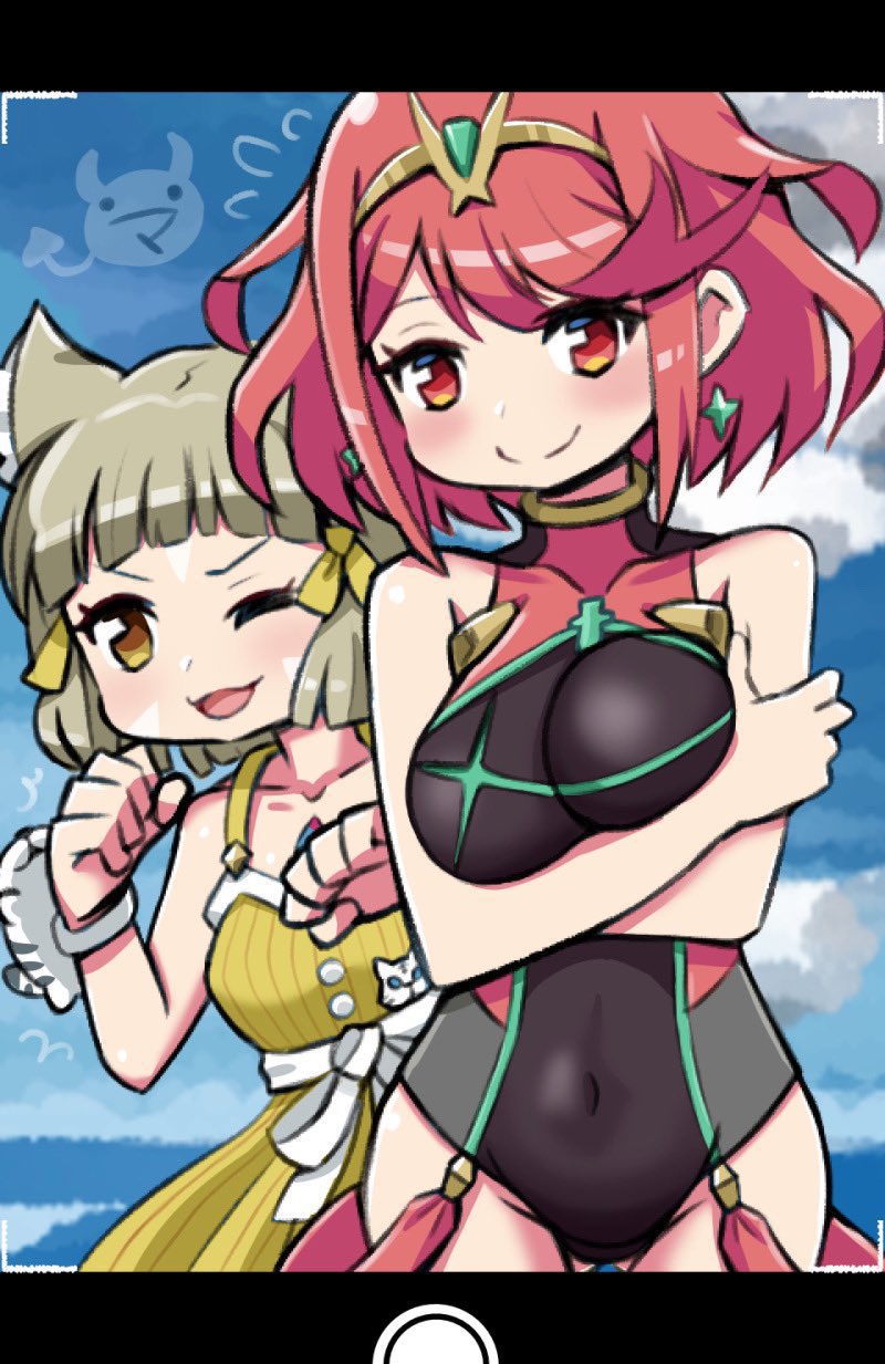 2girls animal_ears bangs black_swimsuit blunt_bangs breasts cat_ears chest_jewel competition_swimsuit dress_swimsuit highres large_breasts ma2acworks multiple_girls nia_(fancy_sundress)_(xenoblade) nia_(xenoblade) one-piece_swimsuit pyra_(pro_swimmer)_(xenoblade) pyra_(xenoblade) red_eyes red_swimsuit redhead short_hair silver_hair swept_bangs swimsuit two-tone_swimsuit xenoblade_chronicles_(series) xenoblade_chronicles_2 yellow_eyes yellow_swimsuit