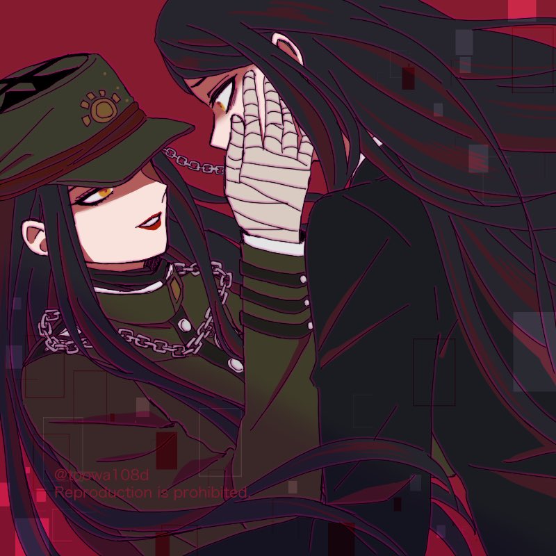 108_(toowa) 2boys bandaged_hands bandages bangs black_hair brown_eyes chain dangan_ronpa_(series) dangan_ronpa_v3:_killing_harmony dual_persona eye_contact green_headwear green_jacket hand_on_another's_cheek hand_on_another's_face hat jacket lips long_hair long_sleeves looking_at_another makeup multiple_boys official_alternate_costume parted_lips red_background red_lips shinguuji_korekiyo teeth upper_body watermark