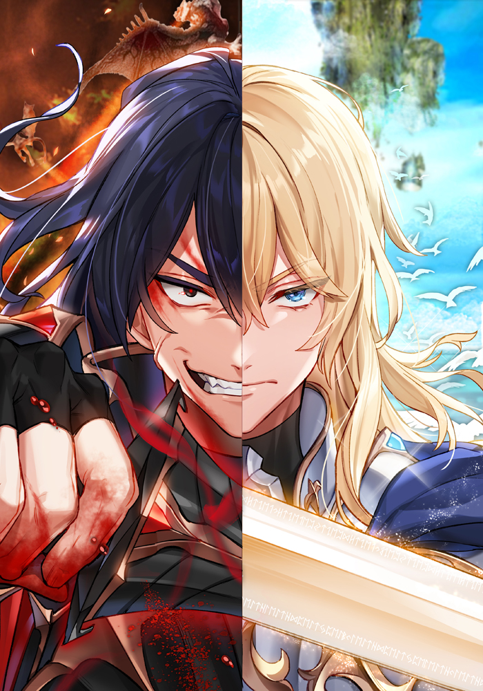 2boys bird black_eyes black_gloves black_hair blonde_hair blood blue_eyes character_request closed_mouth copyright_request dragon fingerless_gloves gloves grin holding holding_sword holding_weapon hwansang_jungdog long_hair looking_at_viewer male_focus multiple_boys official_art runes shiny shiny_hair smile split_theme sword upper_body veins weapon