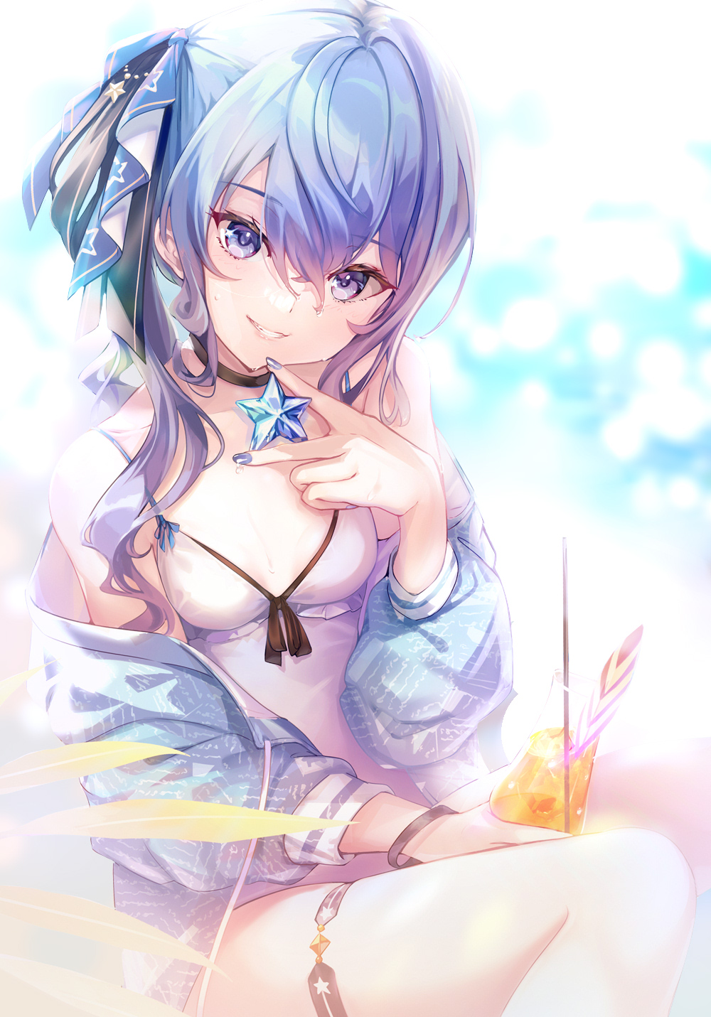 1girl bangs blue_eyes blue_hair blue_nails blue_ribbon bracelet breasts choker commentary_request cup drink drinking_straw eyebrows_visible_through_hair hair_between_eyes hair_ribbon highres holding holding_cup holding_drink holding_star hololive hoshimachi_suisei jewelry long_hair looking_at_viewer nail_polish off-shoulder_jacket off_shoulder one-piece_swimsuit pondel ribbon side_ponytail sitting small_breasts smile solo star_(symbol) swimsuit symbol_in_eye teeth thigh_strap virtual_youtuber white_swimsuit