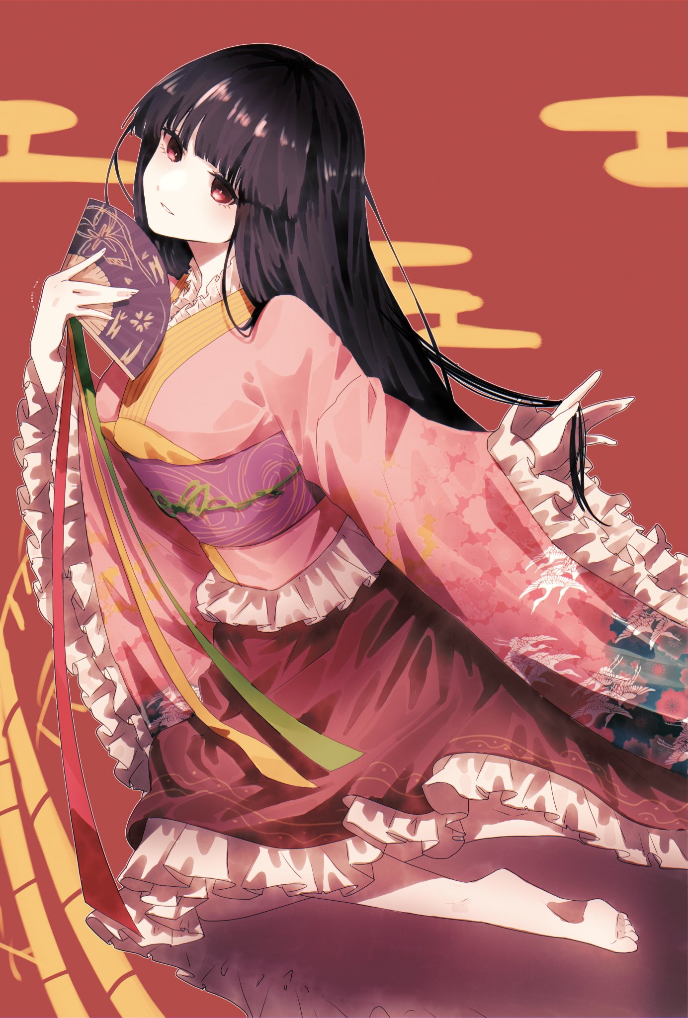 1girl bamboo bangs barefoot belt black_hair blouse breasts closed_mouth eyebrows_visible_through_hair fan frills hands_up highres hime_cut holding houraisan_kaguya japanese_clothes long_hair long_sleeves looking_at_viewer medium_breasts no_hat no_headwear pink_blouse pink_eyes pink_sleeves purple_belt red_background red_skirt seiza sitting skirt smile solo somei_ooo teeth touhou wide_sleeves