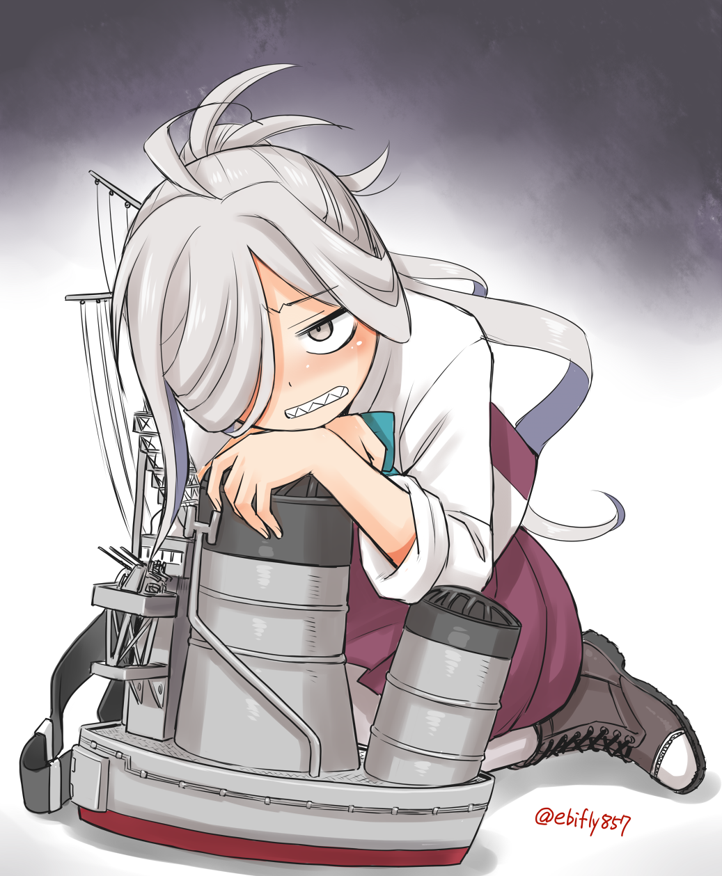 1girl ahoge asashimo_(kancolle) boots clenched_teeth cross-laced_footwear ebifly full_body grey_eyes grey_legwear hair_over_one_eye halterneck highres kantai_collection kneeling lace-up_boots long_hair machinery pantyhose ponytail school_uniform sharp_teeth shirt silver_hair solo teeth white_shirt