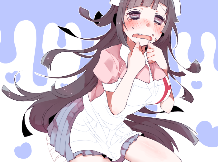 1girl apron bandages bangs black_hair blue_background blue_skirt blush breasts commentary_request dangan_ronpa_(series) dangan_ronpa_2:_goodbye_despair jian_jing large_breasts long_hair looking_at_viewer mole mole_under_eye nurse open_mouth pink_eyes pink_shirt pleated_skirt puffy_short_sleeves puffy_sleeves seiza shiny shiny_skin shirt short_sleeves sitting skirt solo tears tsumiki_mikan white_apron white_background