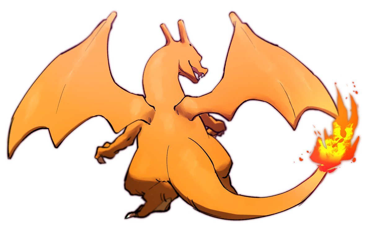 blurry charizard claws fangs fire flame from_behind full_body gen_1_pokemon looking_to_the_side morio_(poke_orio) no_humans open_mouth pokemon pokemon_(creature) simple_background solo standing white_background