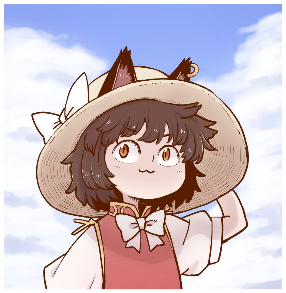 1girl :3 animal_ears blue_sky bow bowtie brown_hair cat_ears cat_girl chen clouds cloudy_sky commentary dress earrings eyebrows_visible_through_hair hat hat_bow jewelry looking_at_viewer nekomata outdoors poronegi red_dress short_hair short_sleeves single_earring sky solo sun_hat touhou white_bow