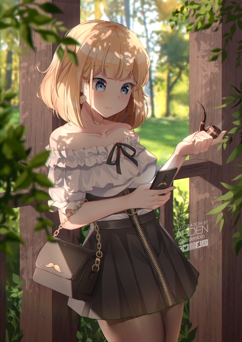 1girl ardenlolo bag bangs bare_shoulders black_skirt blonde_hair blue_eyes blurry blurry_background blush breasts brown_legwear cellphone closed_mouth collarbone commentary cowboy_shot day depth_of_field earrings eyebrows_visible_through_hair handbag heart heart_earrings high-waist_skirt holding holding_phone holding_pipe hololive hololive_english jewelry leaf light_particles looking_at_phone medium_breasts nail_polish off-shoulder_shirt off_shoulder pantyhose phone pipe shirt short_hair short_sleeves skirt smartphone solo standing tree virtual_youtuber watson_amelia white_shirt yellow_nails zipper zipper_skirt