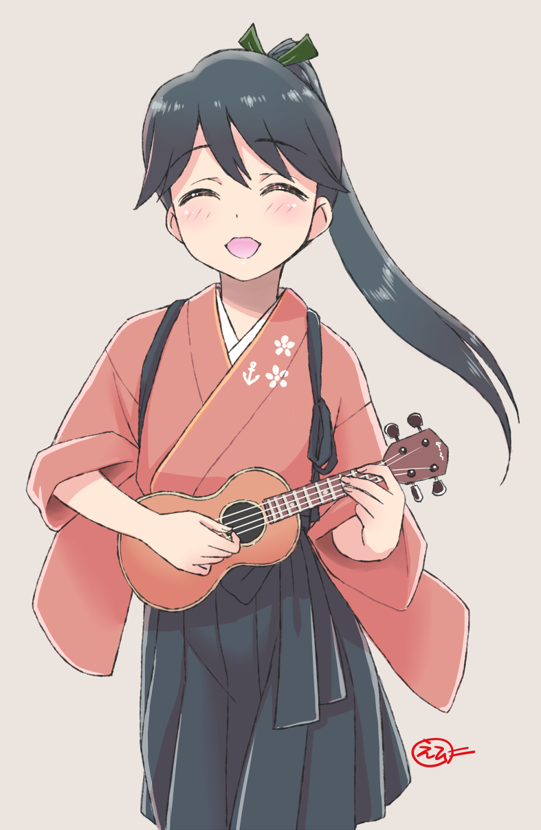 1girl :d anchor_symbol black_hair black_hakama black_skirt blush bow ebifly facing_viewer green_bow grey_background hair_bow hakama highres holding holding_instrument houshou_(kancolle) instrument japanese_clothes kantai_collection music open_mouth playing_instrument ponytail signature simple_background skirt smile solo suspender_skirt suspenders ukulele