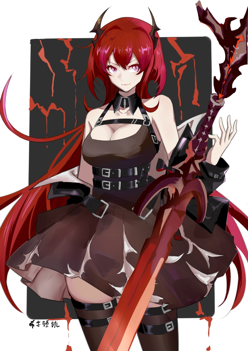 1girl arknights demon_girl demon_horns dress heavens156 holding holding_weapon horns jacket long_hair looking_to_the_side redhead surtr_(arknights) sword thigh-highs very_long_hair violet_eyes weapon