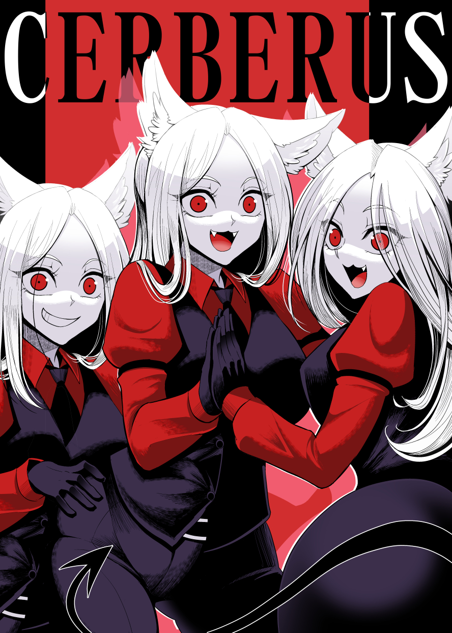 3girls animal_ears arm_garter belt black_gloves breasts cerberus_(helltaker) character_name colored_skin demon_girl demon_tail dog_ears dog_girl fang fangs gloves grin helltaker highres long_hair looking_at_viewer multiple_girls necktie open_mouth red_eyes red_shirt shirt smile tail triplets vest waistcoat warugaki_(sk-ii) white_hair white_skin