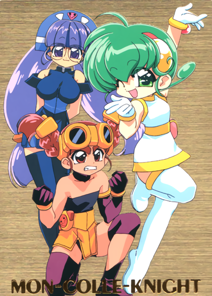 1990s_(style) 3girls arm_up asymmetrical_gloves bangs batch_(rokumon_tengai_mon_colle_knight) boots braid breasts choker clenched_hands copyright_name dress eyebrows_visible_through_hair gloves gluko goggles goggles_on_head green_eyes grin headdress hiiragi_rokuna large_breasts long_hair multiple_girls official_art one_eye_closed open_mouth red_eyes retro_artstyle rimless_eyewear rokumon_tengai_mon_colle_knight round_eyewear short_dress short_hair sleeveless sleeveless_dress smile thigh-highs thigh_boots twin_braids twintails very_long_hair violet_eyes