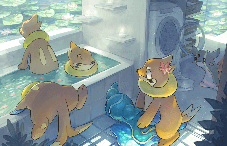 bath bathing bathtub buizel candle climbing clothes commentary_request fire flame gastrodon gastrodon_(east) gastrodon_(west) gen_4_pokemon guodon holding holding_pokemon leaf lily_pad no_humans petals pokemon pokemon_(creature) riding riding_pokemon shelf steam tile_floor tiles washing_machine water