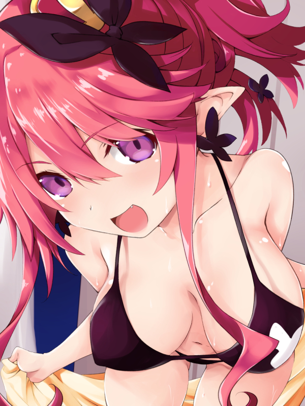 1girl bikini black_bikini crown disgaea iwashi_dorobou_-r- looking_at_viewer makai_senki_disgaea_5 mini_crown navel open_mouth pink_hair pointy_ears ponytail seraphina_(disgaea) short_hair smile solo swimsuit violet_eyes