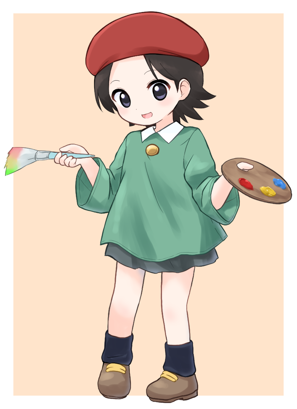 1girl adeleine artist_painter blue_eyes border brush child commentary_request green_shirt hat highres kirby_(series) kirby_64 light_brown_background looking_at_viewer open_mouth paintbrush palette_(object) paskmel red_headwear shirt short_hair simple_background smile solo tomboy white_border