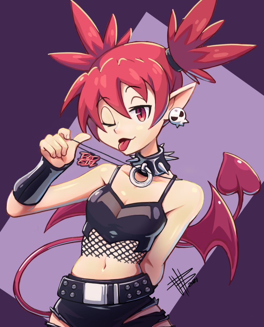 1girl arm_behind_back bat_wings disgaea etna jewelry leather mateus_upd necklace pulling tail wings winking_(animated)