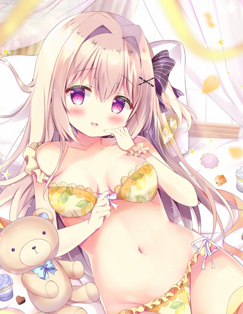 1girl :d azumi_kazuki bangs bare_arms bare_shoulders black_bow blush bow bow_bra bra brown_bra brown_hair brown_panties collarbone commentary_request cupcake eyebrows_visible_through_hair food frilled_panties frills groin hair_between_eyes hair_bow hair_intakes hair_ornament hairclip hand_up lemon_print long_hair lying navel on_back one_side_up open_mouth original panties print_bra print_panties side-tie_panties smile solo striped striped_bow stuffed_animal stuffed_toy teddy_bear underwear underwear_only very_long_hair violet_eyes wrist_cuffs x_hair_ornament