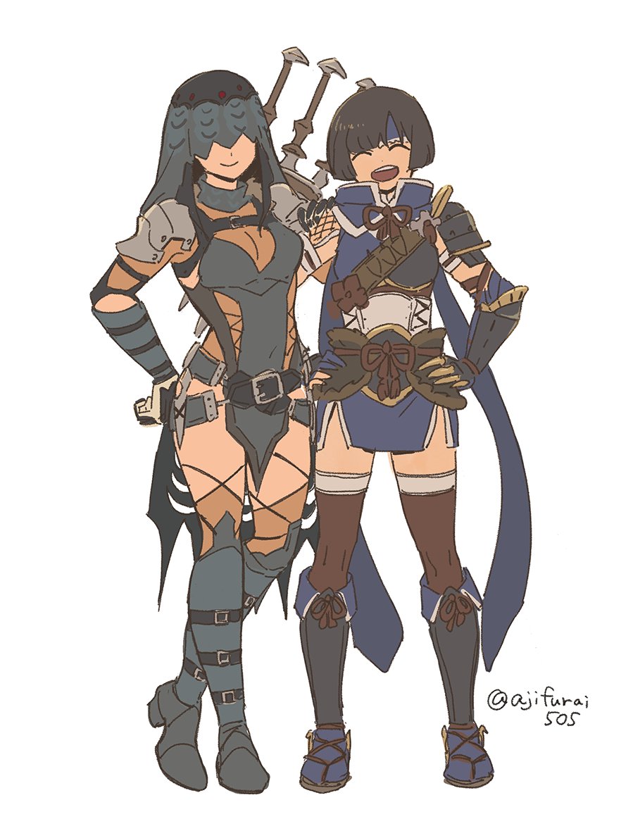 2girls :d ^_^ asaya_minoru breasts brown_legwear character_request closed_eyes covered_eyes crossed_legs facing_viewer gauntlets grey_footwear hand_on_hip hands_on_hips head_tilt kamura_(armor) medium_breasts monster_hunter_(series) monster_hunter_rise multiple_girls open_mouth simple_background smile standing thigh-highs twitter_username white_background