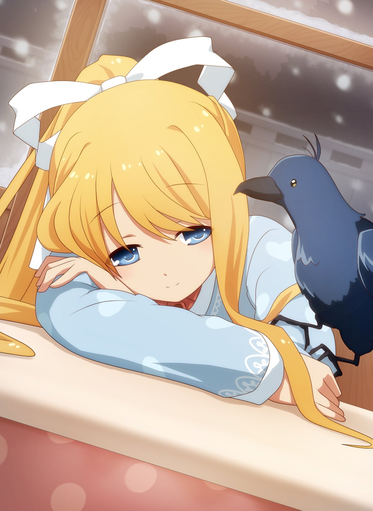 1girl air artist_request bird blonde_hair blue_eyes commentary_request crow dutch_angle hair_ribbon highres kamio_misuzu long_hair looking_at_viewer ribbon snow sora_(air) upper_body