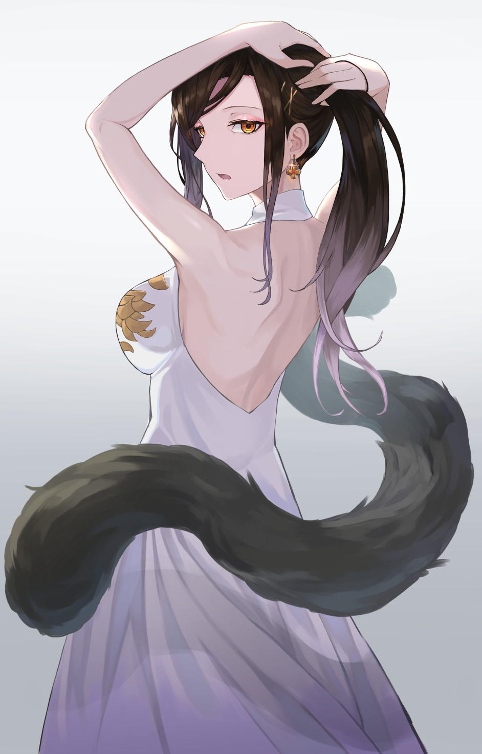 1girl backless_dress backless_outfit bangs black_hair breasts brown_eyes dress earrings from_behind fur_scarf gradient gradient_background hair_behind_ear hair_tie highres holding holding_hair jewelry large_breasts looking_back namiura nijisanji open_mouth ponytail shirayuki_tomoe solo tied_hair virtual_youtuber white_dress