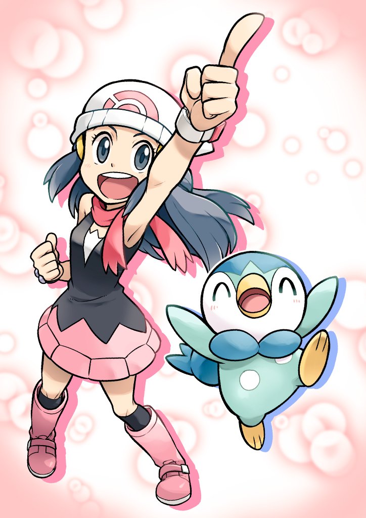 1girl :d arm_up black_legwear boots bracelet clenched_hand commentary_request hikari_(pokemon) eyelashes floating_hair full_body gen_4_pokemon grey_eyes index_finger_raised jewelry kneehighs knees long_hair mabu_(dorisuto) open_mouth pink_footwear pink_scarf piplup pokemon pokemon_(anime) pokemon_(creature) pokemon_swsh_(anime) scarf sleeveless smile standing starter_pokemon tongue upper_teeth