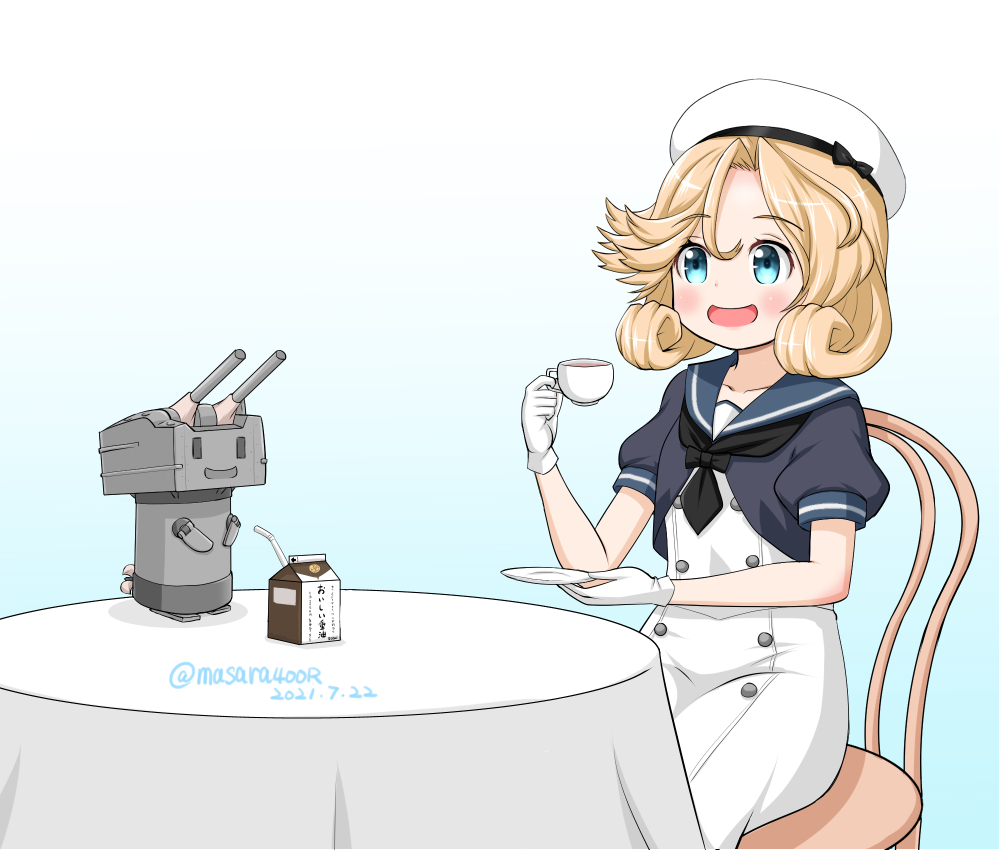 1girl bangs black_neckwear blonde_hair blue_background blue_eyes blue_sailor_collar cup dress drinking_straw gloves gradient gradient_background hat janus_(kancolle) kantai_collection masara_(chuujou) milk_carton one-hour_drawing_challenge open_mouth parted_bangs rensouhou-chan sailor_collar sailor_dress sailor_hat short_hair sitting teacup teapot white_background white_dress white_gloves white_headwear