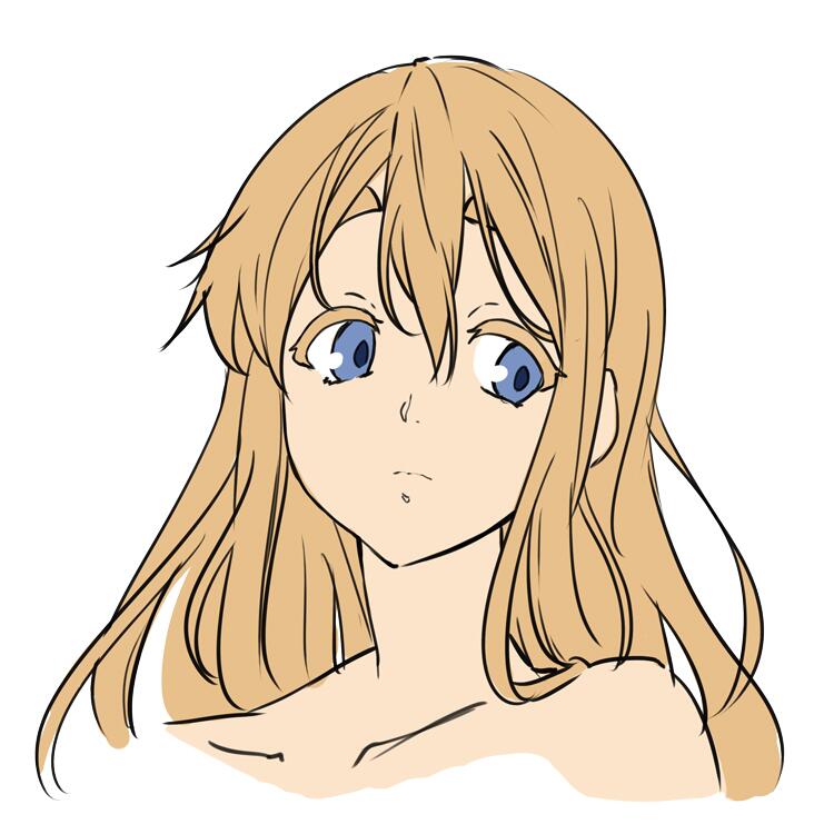 1girl blonde_hair blue_eyes check_copyright closed_mouth collarbone copyright_request face flat_color frown hair_between_eyes long_hair omaru_gyuunyuu sketch solo upper_body