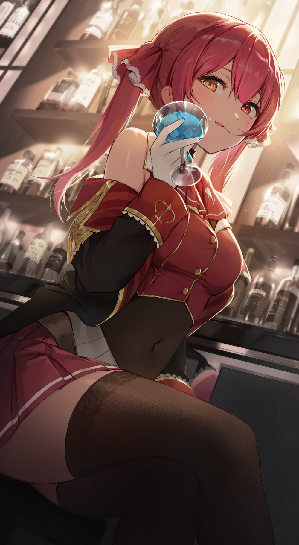 1girl alcohol bangs bar bar_stool black_legwear bottle breasts closed_mouth covered_navel cropped_vest crossed_legs cup drinking_glass epaulettes eso_(toory) from_below gloves hair_between_eyes hair_ribbon heterochromia highres holding holding_cup hololive houshou_marine indoors liquor long_hair looking_at_viewer off-shoulder_jacket off_shoulder pleated_skirt red_eyes red_neckwear red_ribbon red_skirt redhead ribbon shelf sitting skirt solo stool thigh-highs tongue tongue_out twintails vest virtual_youtuber white_gloves wine_glass yellow_eyes zettai_ryouiki