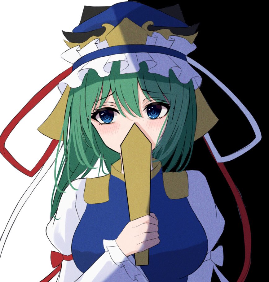 .me 1girl asymmetrical_hair bangs black_background blue_eyes blue_headwear blue_vest blush breasts covering_mouth eyebrows_visible_through_hair gold_trim green_hair hair_between_eyes hand_up hat holding holding_stick juliet_sleeves large_breasts long_sleeves looking_to_the_side medium_hair one-hour_drawing_challenge puffy_sleeves raised_eyebrows red_ribbon ribbon rod_of_remorse shiki_eiki simple_background solo stick touhou two-tone_background upper_body vest white_background white_ribbon