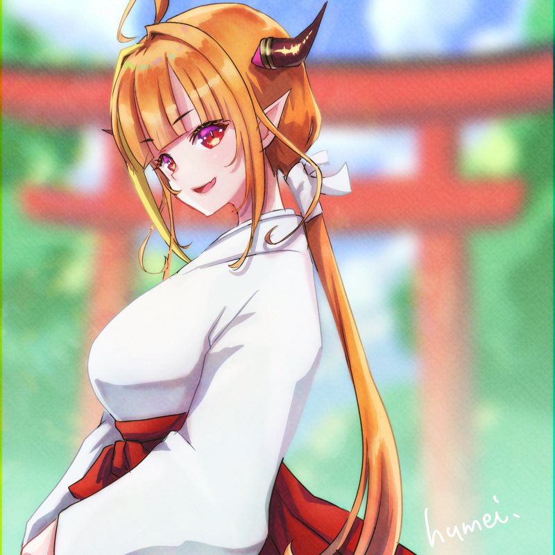 1girl alternate_costume artist_name blonde_hair breasts dragon_girl dragon_horns eyebrows fang from_side hair_behind_ear hololive horns japanese_clothes kiryu_coco kyou_fumei large_breasts long_hair miko multicolored_hair open_mouth orange_hair pointy_ears skin_fang smile solo streaked_hair tied_hair violet_eyes virtual_youtuber