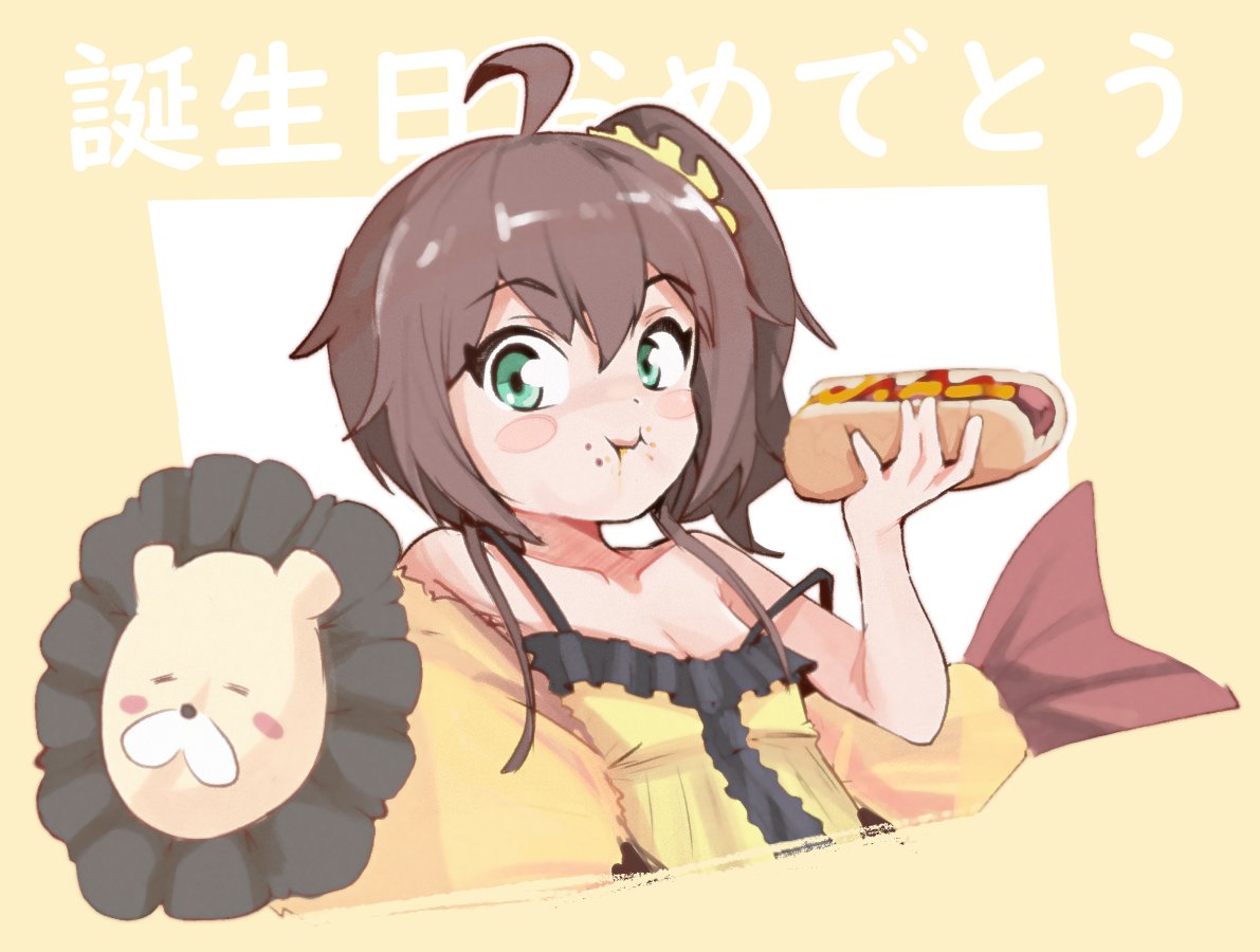 1girl :i ahoge bangs blush_stickers brown_hair collarbone commentary dudul eating ebi_frion_(natsuiro_matsuri) eyebrows_visible_through_hair food food_on_face green_eyes hair_between_eyes hair_ornament hair_scrunchie hololive hot_dog looking_at_viewer natsuiro_matsuri scrunchie side_ponytail simple_background solo upper_body virtual_youtuber yellow_scrunchie
