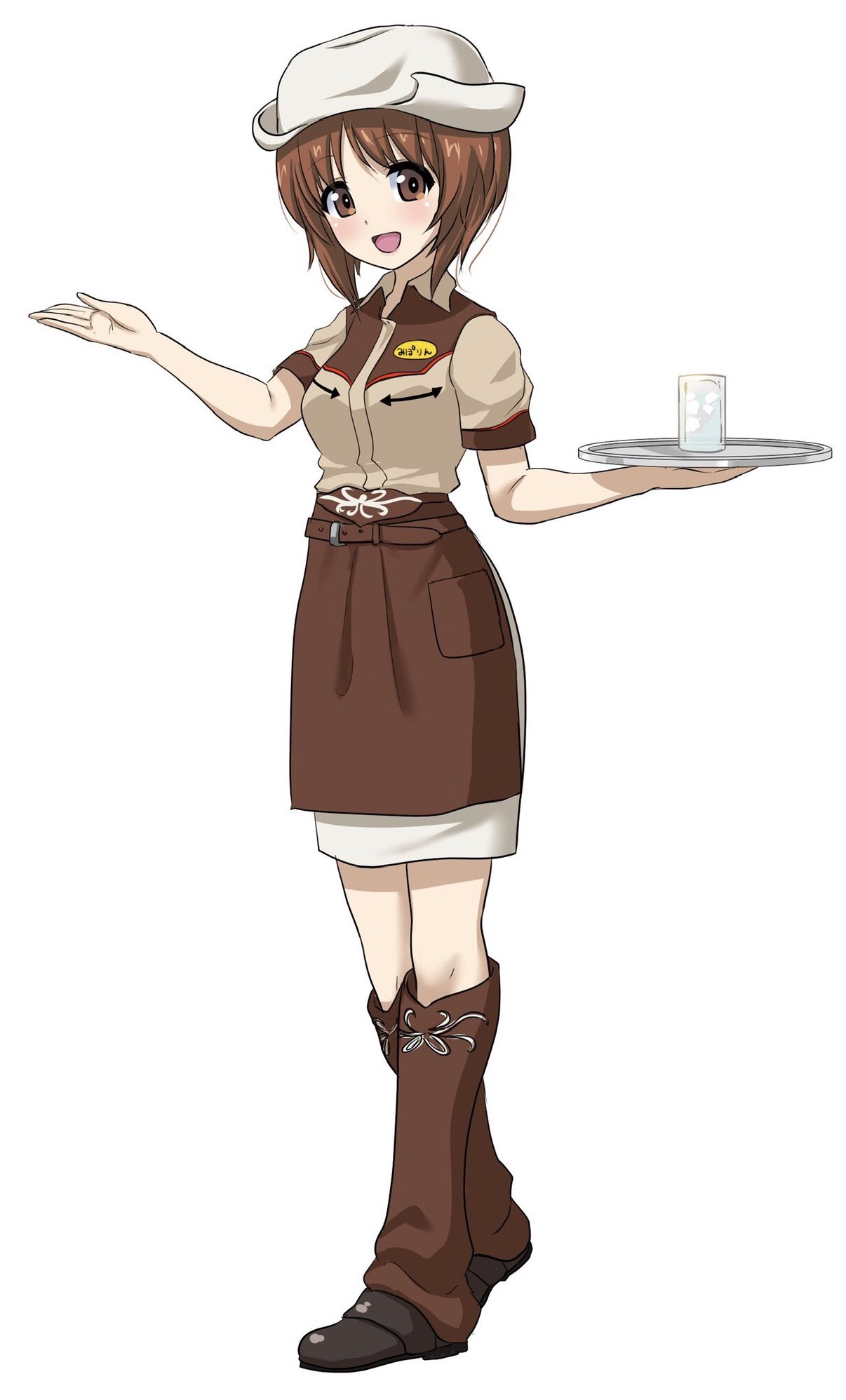 1girl belt brown_eyes brown_footwear brown_hair brown_skirt cup drinking_glass eyebrows_visible_through_hair full_body girls_und_panzer highres holding holding_tray looking_at_viewer nishizumi_miho shiina_excel short_hair short_sleeves skirt solo tray water