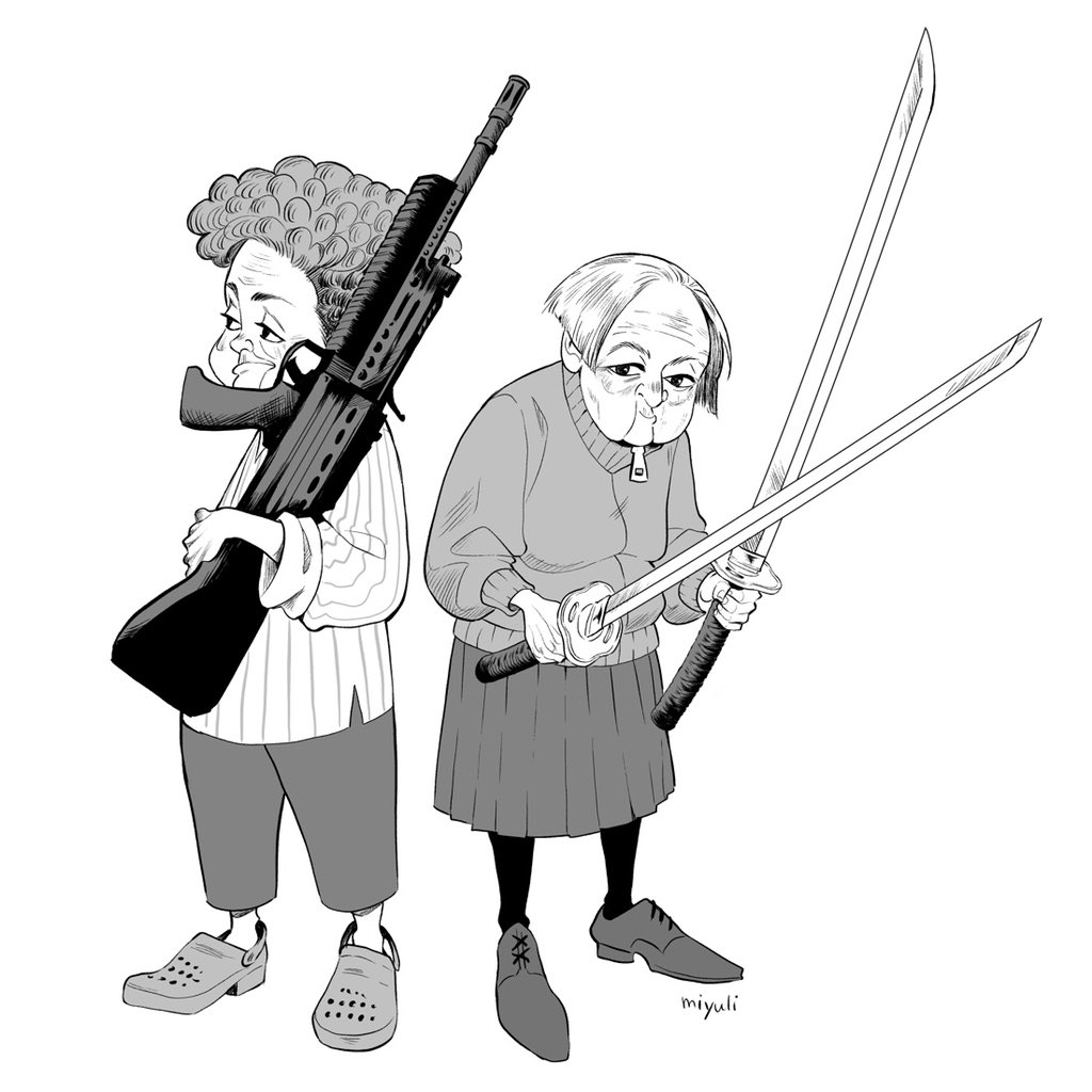 2girls black_eyes black_legwear crocs curly_hair dual_wielding greyscale gun gun_request holding holding_gun holding_sword holding_weapon jacket jowls katana miyuli monochrome multiple_girls old old_woman original shoes short_hair simple_background skirt sword weapon white_background zipper