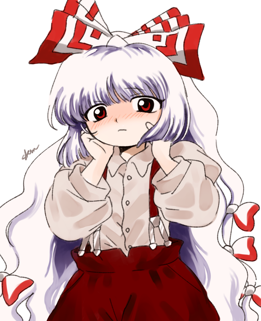 1girl baggy_pants blush bow buttons closed_mouth collared_shirt commentary_request cowboy_shot dress_shirt embarrassed eyebrows_visible_through_hair eyes_visible_through_hair fujiwara_no_mokou hair_bow hands_on_own_cheeks hands_on_own_face hands_up hayakumo_(okura_oishiiii) juliet_sleeves long_hair long_sleeves looking_at_viewer nose_blush official_style pants puffy_long_sleeves puffy_sleeves red_bow red_eyes red_pants shirt shirt_tucked_in signature solo suspenders touhou very_long_hair white_background white_bow white_hair white_shirt wing_collar zun_(style)