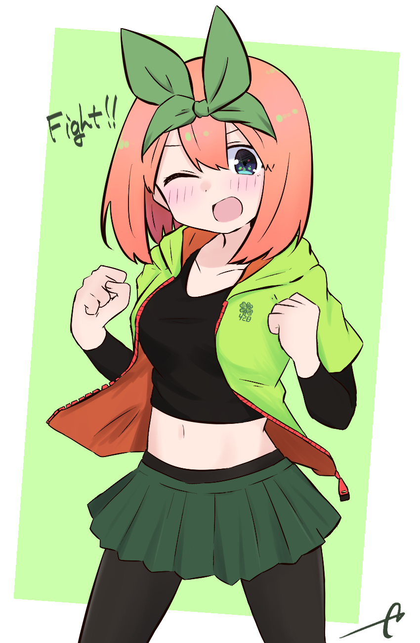 1girl ;d bangs black_legwear black_shirt blue_eyes blush collarbone crop_top english_text eyebrows_behind_hair go-toubun_no_hanayome green_background green_jacket green_ribbon green_skirt hair_between_eyes hair_ribbon hands_up highres hood hood_down hooded_jacket jacket kujou_karasuma layered_sleeves long_sleeves looking_at_viewer midriff nakano_yotsuba navel one_eye_closed open_clothes open_jacket open_mouth orange_hair pantyhose pleated_skirt ribbon shirt short_over_long_sleeves short_sleeves signature skirt smile solo two-tone_background white_background