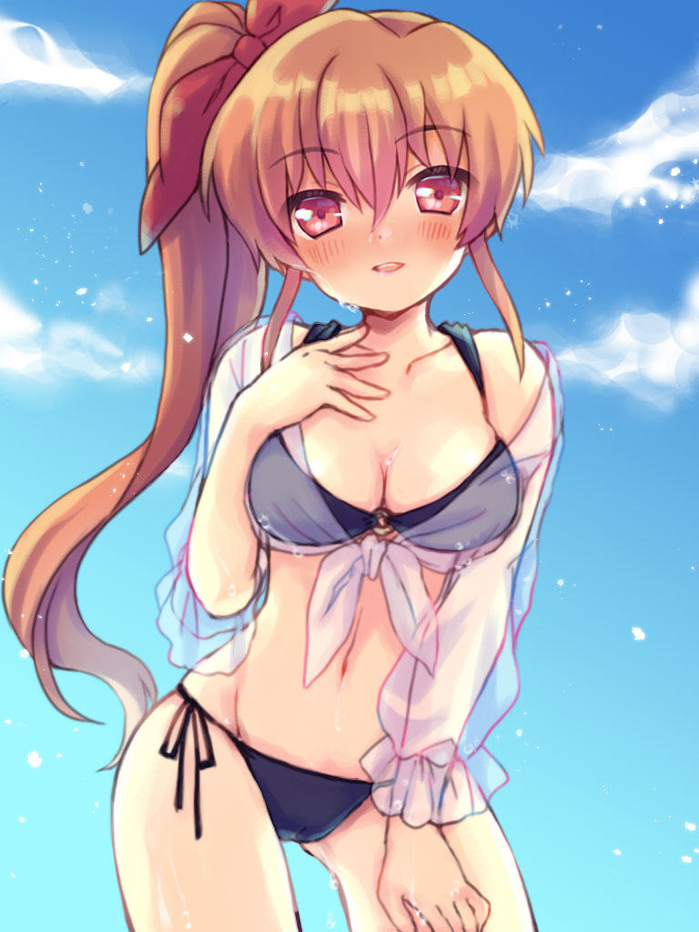 1girl bikini black_bikini blue_sky blush brown_hair chonkoo clouds commentary cover-up cowboy_shot day eyebrows_visible_through_hair front-tie_top hair_ribbon hand_on_own_chest iris_(nanoha) long_hair long_sleeves looking_at_viewer lyrical_nanoha mahou_shoujo_lyrical_nanoha_reflection medium_hair navel o-ring o-ring_bikini open_mouth outdoors red_eyes red_ribbon ribbon see-through side-tie_bikini side_ponytail sky smile solo standing swimsuit wet