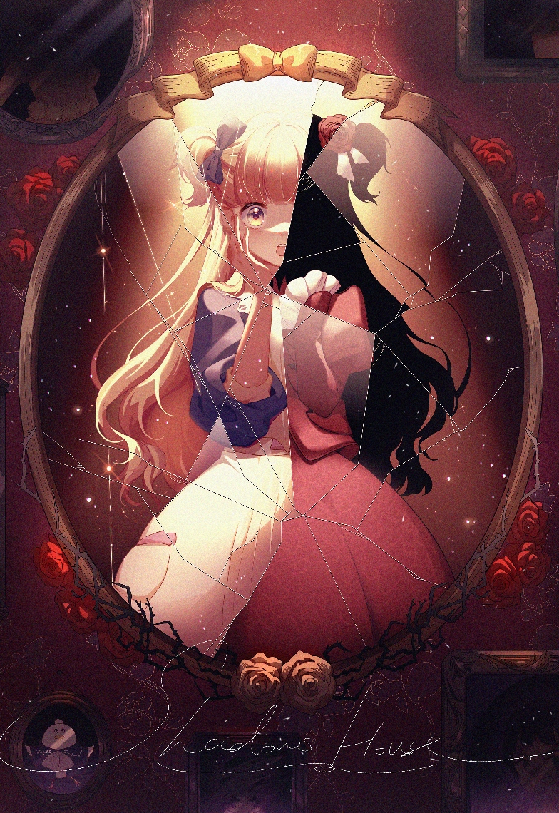 2girls apron bangs black_hair black_skin blonde_hair blunt_bangs bow broken_mirror colored_skin copyright_name dress emilico_(shadows_house) flower frilled_sleeves frills hair_bow hair_flower hair_ornament hand_on_own_face juliet_sleeves kate_(shadows_house) long_hair long_sleeves mirror momuraer multiple_girls open_mouth puffy_sleeves red_dress reflection rose shadow_(shadows_house) shadows_house two_side_up yellow_eyes