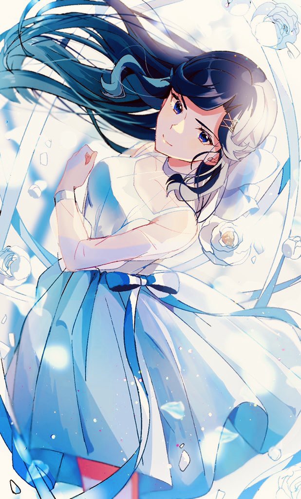 1girl bangs black_hair blue_eyes blurry blurry_background bow breasts closed_mouth collarbone commentary_request cowboy_shot dress floating floating_hair floating_object flower hair_bow hair_ornament hand_up light_particles long_hair long_sleeves looking_at_viewer medium_breasts nijiko_(c2cs4q) ribbon rose see-through see-through_sleeves shiny shiny_hair shoujo_kageki_revue_starlight sidelocks smile solo standing tendou_maya white_background white_bow white_dress white_flower white_ribbon white_rose x_hair_ornament