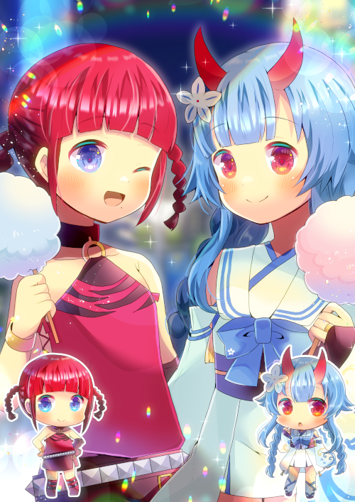 2girls :o ;d asukagawa_chise bangs bare_shoulders belt black_collar black_footwear black_skirt blue_archive blue_eyes blue_hair braid camisole chibi chise_(blue_archive) closed_mouth collar collarbone cotton_candy crossover detached_sleeves dress eyebrows_visible_through_hair food gridman_universe hands_on_hips holding holding_food horns kou_hiyoyo long_hair long_sleeves mole mole_under_eye multiple_girls one_eye_closed open_mouth parted_lips red_camisole red_eyes red_legwear redhead sailor_collar sailor_dress shoes skirt sleeveless sleeveless_dress sleeves_past_wrists smile ssss.dynazenon studded_belt thigh-highs twin_braids twintails white_dress white_sailor_collar white_sleeves