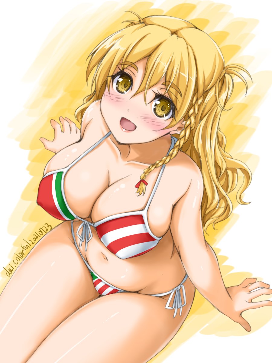 1girl akimoto_dai artist_name bikini blonde_hair braid breasts commentary_request cowboy_shot dated french_braid highres kantai_collection large_breasts long_hair multicolored multicolored_bikini multicolored_clothes one-hour_drawing_challenge side-tie_bikini solo swimsuit wavy_hair yellow_eyes zara_(kancolle)