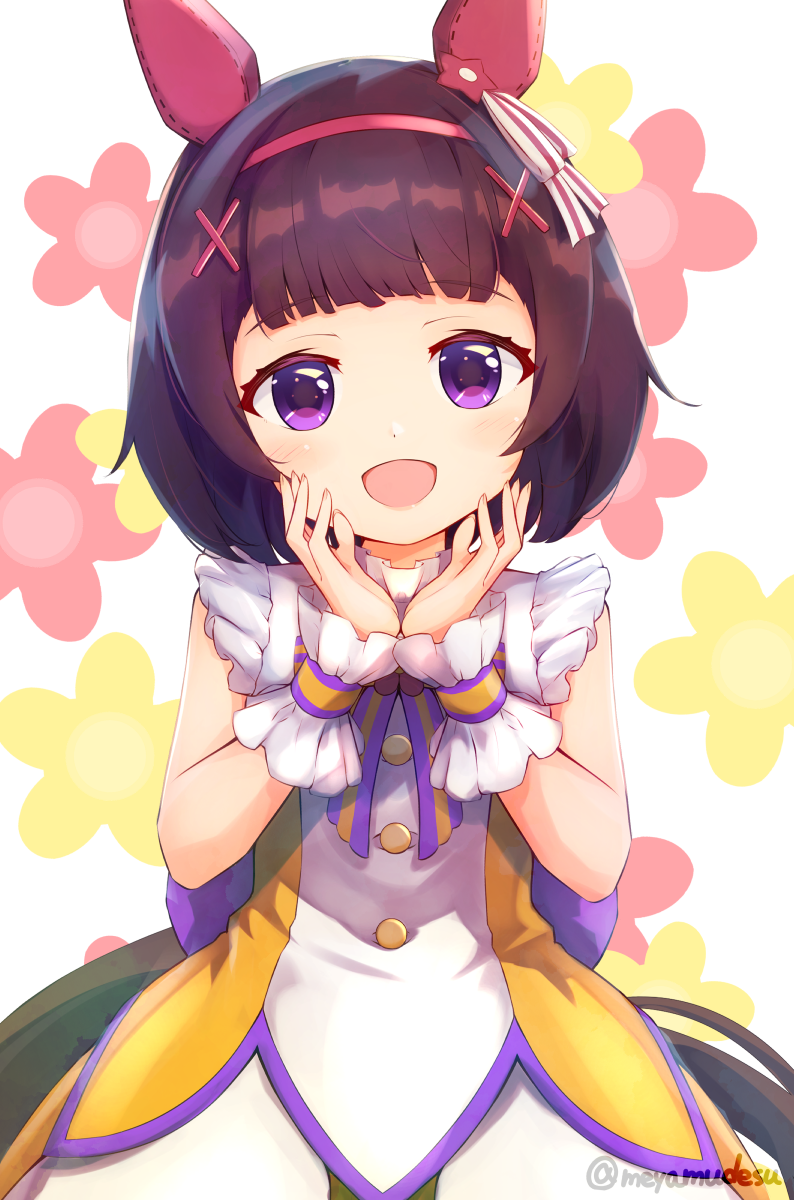 1girl :d animal_ears bangs blush brown_hair commentary_request dress eyebrows_visible_through_hair floral_background hair_ornament hairband hairclip hands_up highres horse_ears horse_girl horse_tail looking_at_viewer meyamu nishino_flower_(umamusume) open_mouth red_hairband sleeveless sleeveless_dress smile solo tail twitter_username umamusume violet_eyes white_background wrist_cuffs x_hair_ornament yellow_dress
