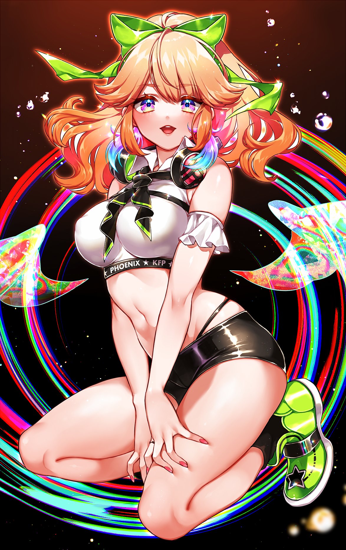 1girl bangs bike_shorts bow breasts cowboy_shot crop_top earrings feather_earrings feathers gradient gradient_hair hair_bow headphones headphones_around_neck highres hololive hololive_english jewelry kneeling long_hair looking_at_viewer mamaloni medium_breasts midriff multicolored_hair nail_polish navel official_alternate_costume open_mouth pink_eyes ponytail ring shiny shiny_clothes solo sparks takanashi_kiara virtual_youtuber
