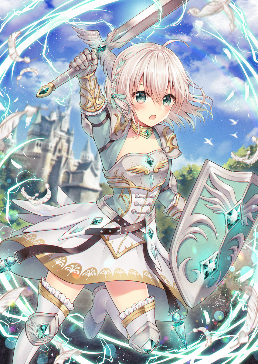 1girl ahoge arm_up armored_boots bangs blurry blurry_background blush boots braid breasts castle cola commentary_request day depth_of_field eyebrows_visible_through_hair fantasy feathers gauntlets green_eyes green_jacket hair_between_eyes highres holding holding_sword holding_weapon jacket knee_pads long_sleeves looking_at_viewer open_mouth original outdoors sato_ame shield skirt small_breasts solo standing standing_on_one_leg sword thigh-highs thigh_boots weapon white_feathers white_footwear white_hair white_legwear white_skirt