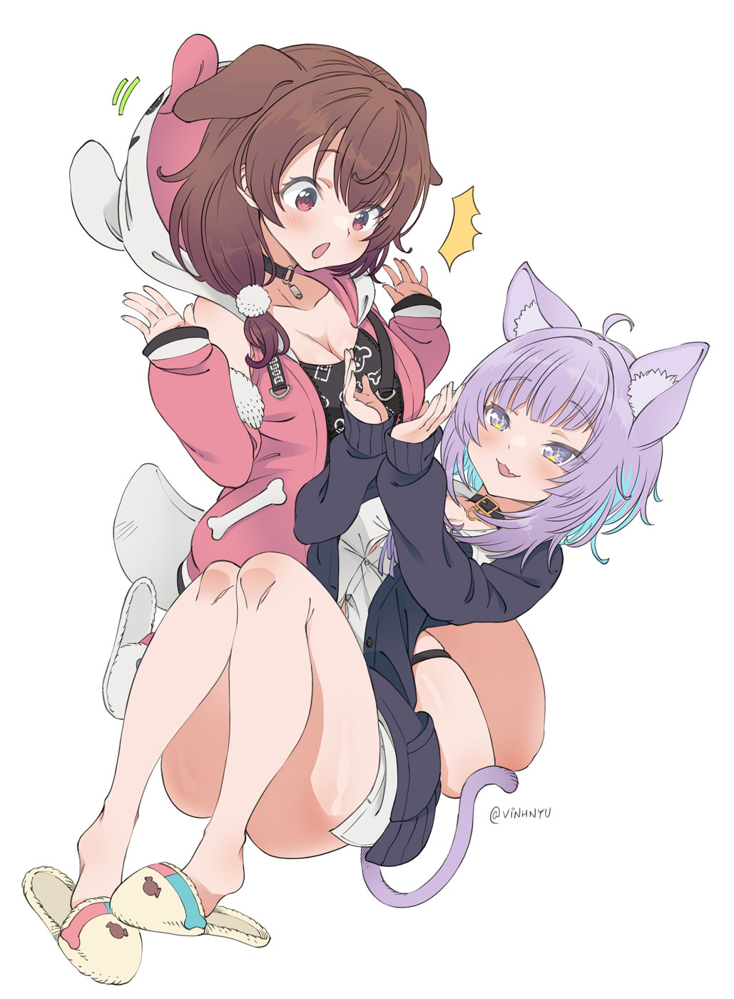 2girls ^ ^^^ animal_hood blush brown_hair cat_girl cat_tail closed_eyes detached_sleeves dog_hood full_body fur-trimmed_sleeves fur_trim highres hololive hood hood_down inugami_korone lap_pillow multiple_girls nekomata_okayu pink_sleeves pink_vest purple_hair simple_background slippers tail twitter_username vest vinhnyu white_background yuri