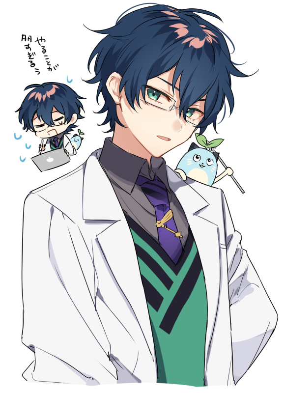 1boy aqua_eyes bangs blue_hair chibi chibi_inset collared_shirt drawing_tablet glasses green_vest grey_shirt hair_behind_ear hair_between_eyes labcoat leos_vincent looking_at_viewer male_focus mameneko_(leos_vincent) necktie nijisanji purple_neckwear shirt solo_focus tooru_(jux) upper_body vest virtual_youtuber